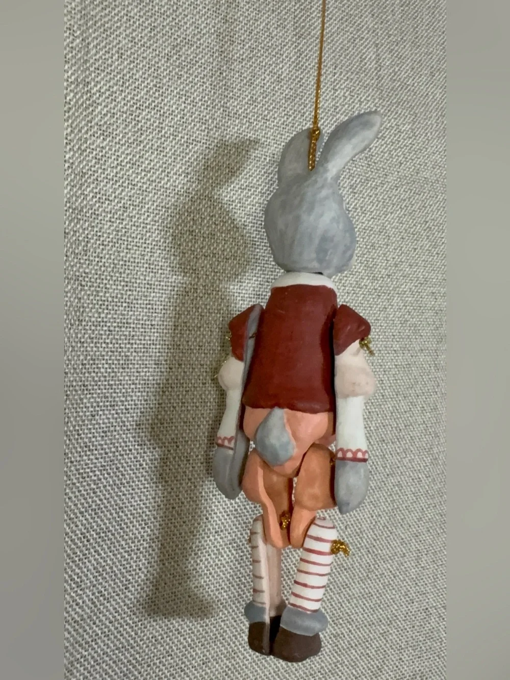Handcrafted Jointed Clay Bunny Rabbit Ornament Articulated Hanging Folk 5.5”
